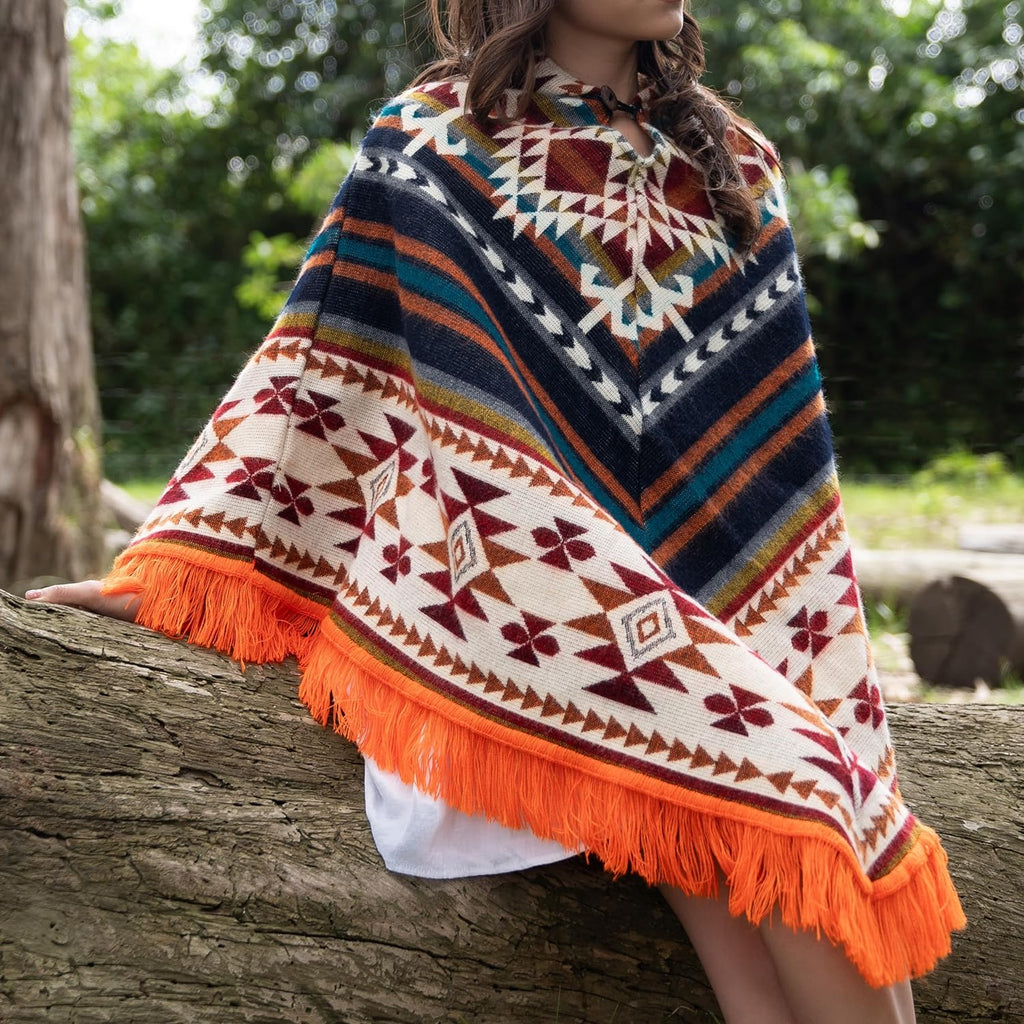 Wool Poncho - Hooded Wool Poncho Cape In White & Grey Pattern - One Size